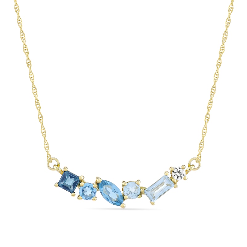 Main Image 1 of Mixed-Shape London, Swiss and Sky Blue Topaz and White Lab-Created Sapphire Scatter Bar Necklace in 10K Gold