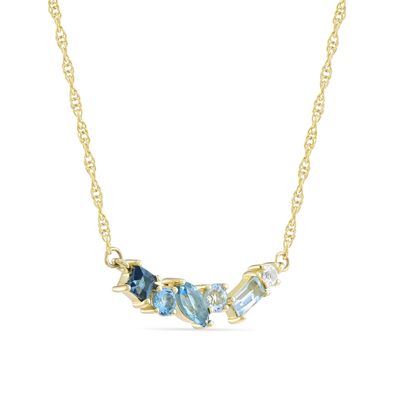 Main Image 2 of Mixed-Shape London, Swiss and Sky Blue Topaz and White Lab-Created Sapphire Scatter Bar Necklace in 10K Gold