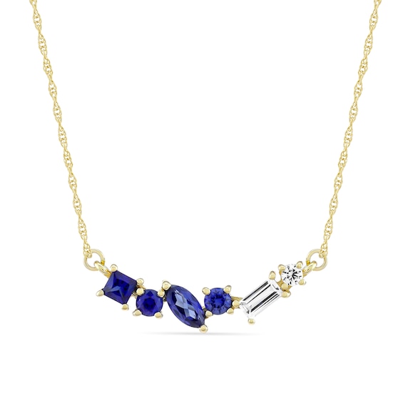 Mixed-Shape Blue, White and Ceylon Blue Lab-Created Sapphire Scatter Bar Necklace in 10K Gold