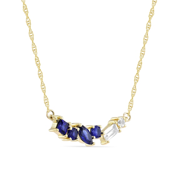 Mixed-Shape Blue, White and Ceylon Blue Lab-Created Sapphire Scatter Bar Necklace in 10K Gold