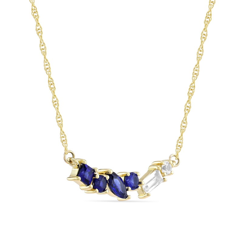 Main Image 2 of Mixed-Shape Blue, White and Ceylon Blue Lab-Created Sapphire Scatter Bar Necklace in 10K Gold