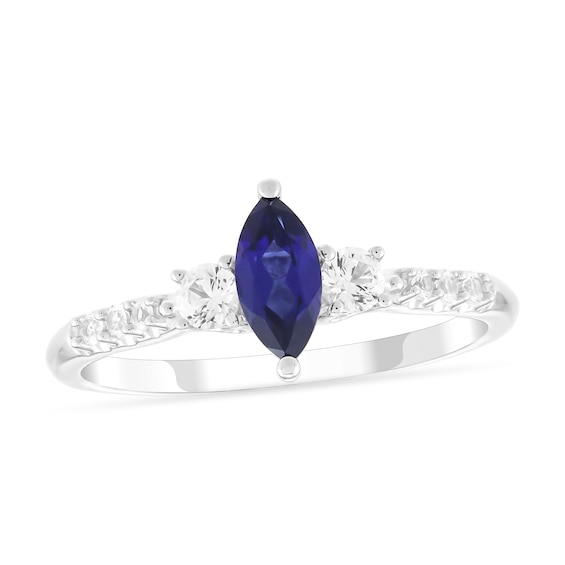 Marquise-Cut Blue Lab-Created Sapphire and White Lab-Created Sapphire Three Stone Ring in Sterling Silver