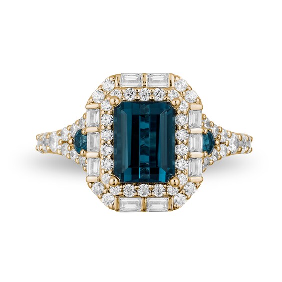 Enchanted Disney Cinderella London Blue Topaz and 3/4 CT. T.w. Diamond Double Frame Engagement Ring in 14K Gold