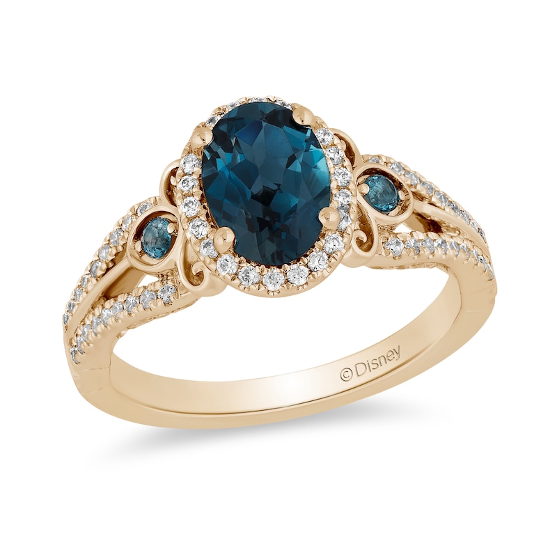 Main Image 1 of Enchanted Disney Cinderella Oval London Blue Topaz and 1/3 CT. T.W. Diamond Frame Engagement Ring in 14K Gold