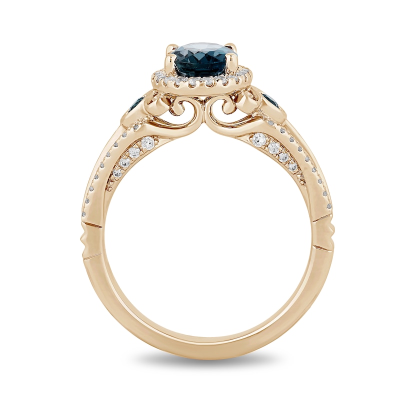 Main Image 3 of Enchanted Disney Cinderella Oval London Blue Topaz and 1/3 CT. T.W. Diamond Frame Engagement Ring in 14K Gold