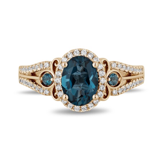 Enchanted Disney Cinderella Oval London Blue Topaz and 1/3 CT. T.w. Diamond Frame Engagement Ring in 14K Gold
