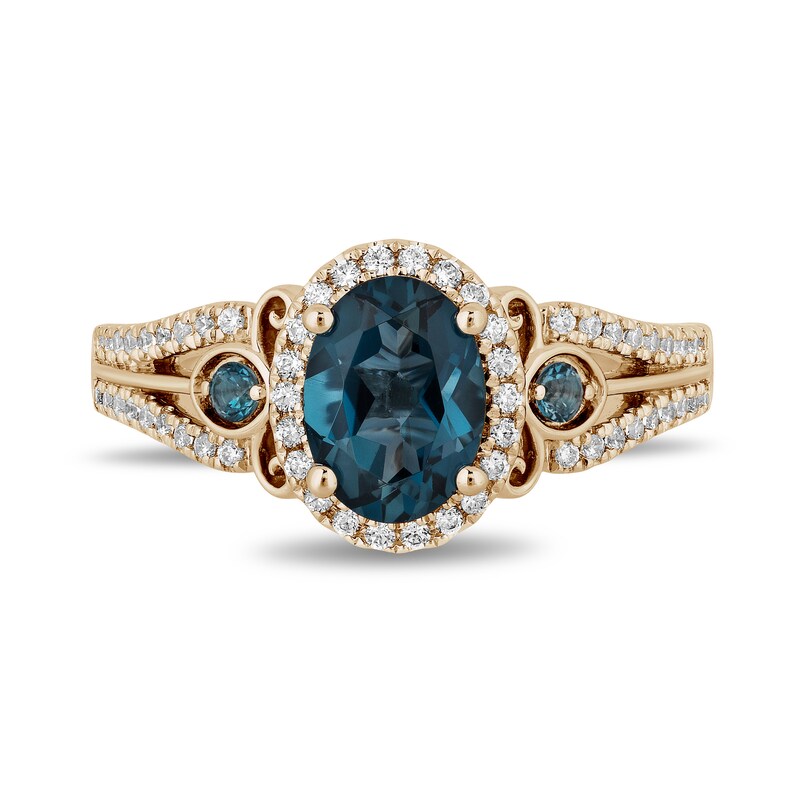 Main Image 4 of Enchanted Disney Cinderella Oval London Blue Topaz and 1/3 CT. T.W. Diamond Frame Engagement Ring in 14K Gold