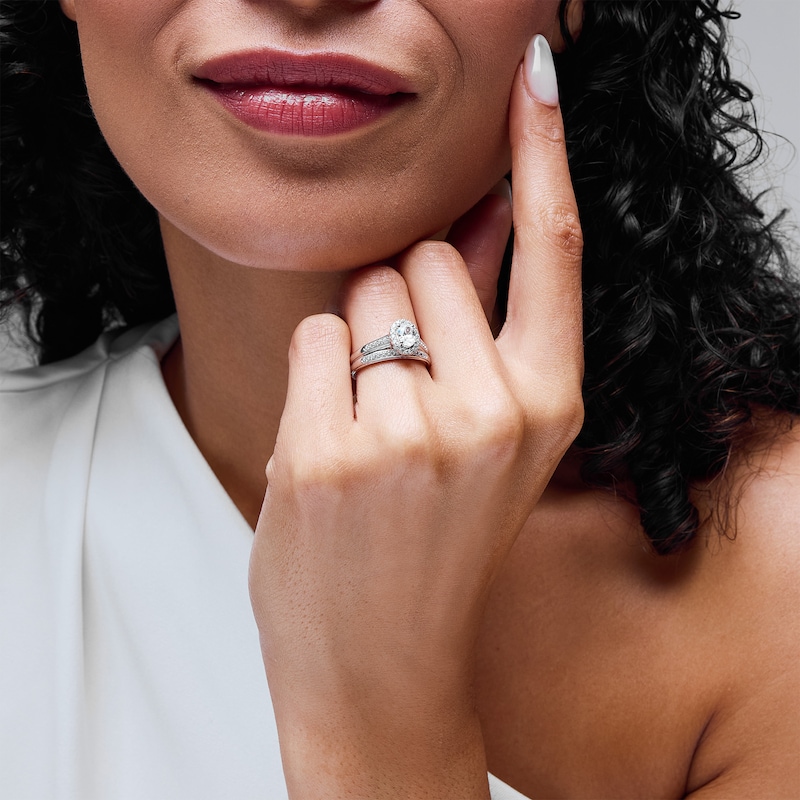 Main Image 2 of 1 CT. T.W. Oval Certified Lab-Grown Diamond Frame Wedding Ensemble in 10K White Gold (F/SI2)