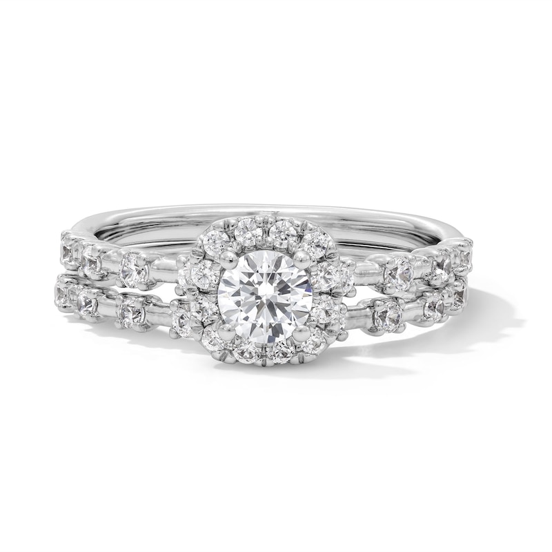 Main Image 1 of 7/8 CT. T.W. Diamond Cushion Frame Station Shank Bridal Set in 14K White Gold