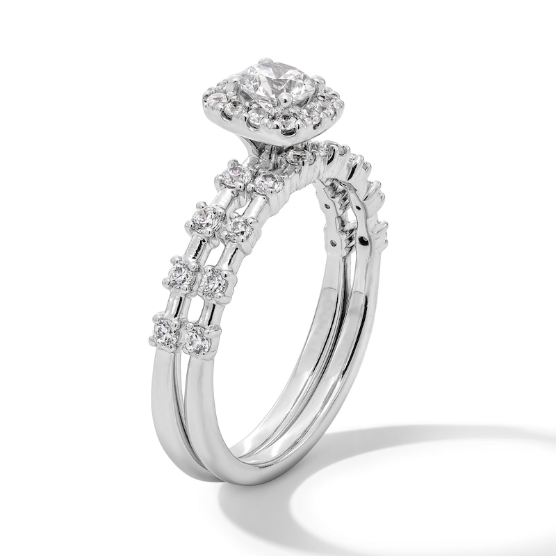 Main Image 3 of 7/8 CT. T.W. Diamond Cushion Frame Station Shank Bridal Set in 14K White Gold