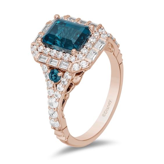 Enchanted Disney Cinderella London Blue Topaz and 3/4 CT. T.w. Diamond Double Frame Engagement Ring in 14K Rose Gold