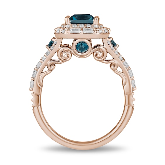 Enchanted Disney Cinderella London Blue Topaz and 3/4 CT. T.w. Diamond Double Frame Engagement Ring in 14K Rose Gold