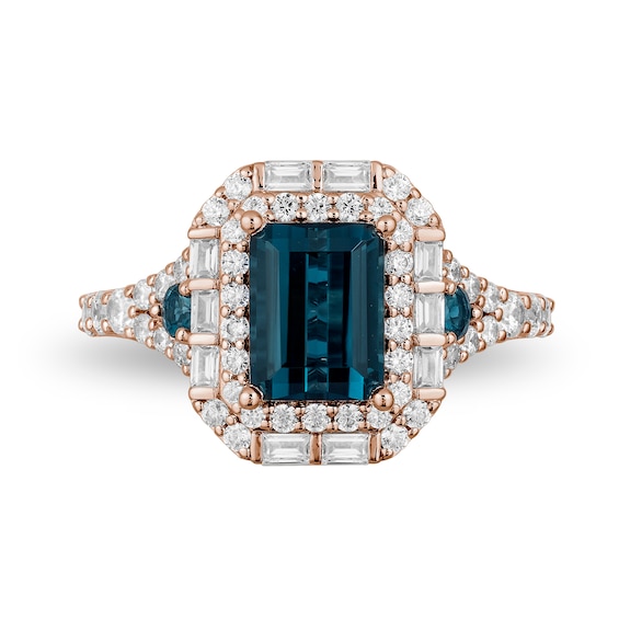 Enchanted Disney Cinderella London Blue Topaz and 3/4 CT. T.w. Diamond Double Frame Engagement Ring in 14K Rose Gold