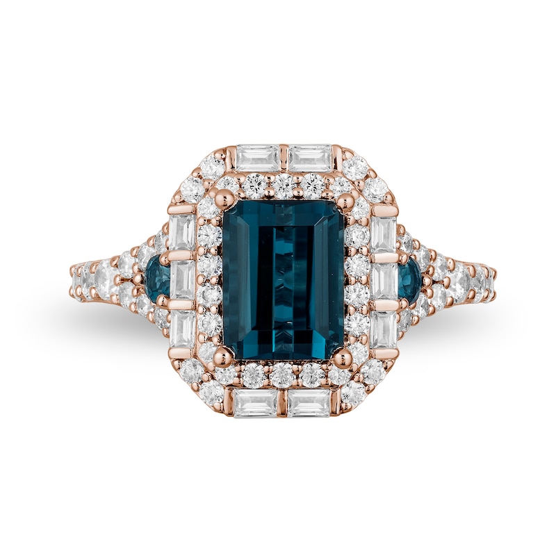 Main Image 4 of Enchanted Disney Cinderella London Blue Topaz and 3/4 CT. T.W. Diamond Double Frame Engagement Ring in 14K Rose Gold