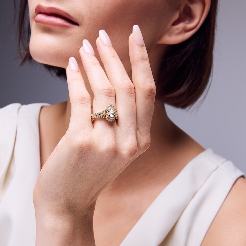 Main Image 2 of 1 CT. T.W. Pear-Shaped Diamond Double Frame Split Shank Bridal Set in 14K Gold