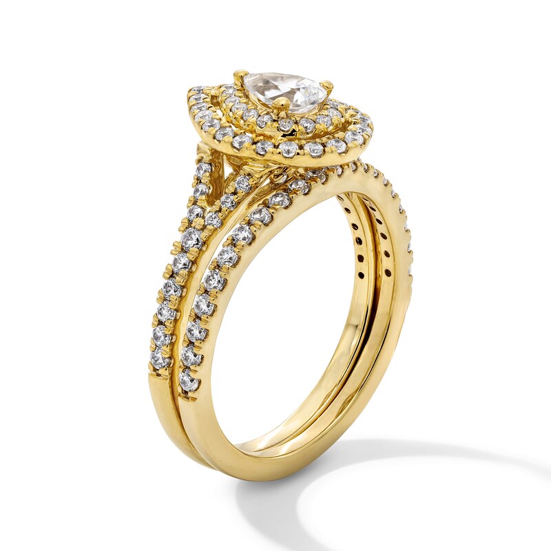 Main Image 3 of 1 CT. T.W. Pear-Shaped Diamond Double Frame Split Shank Bridal Set in 14K Gold