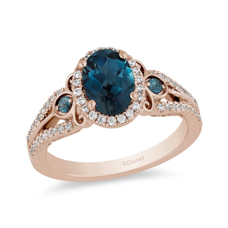 Main Image 1 of Enchanted Disney Cinderella Oval London Blue Topaz and 1/3 CT. T.W. Diamond Frame Engagement Ring in 14K Rose Gold