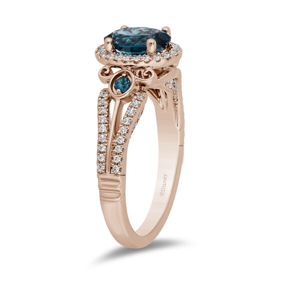 Enchanted Disney Cinderella Oval London Blue Topaz and 1/3 CT. T.w. Diamond Frame Engagement Ring in 14K Rose Gold