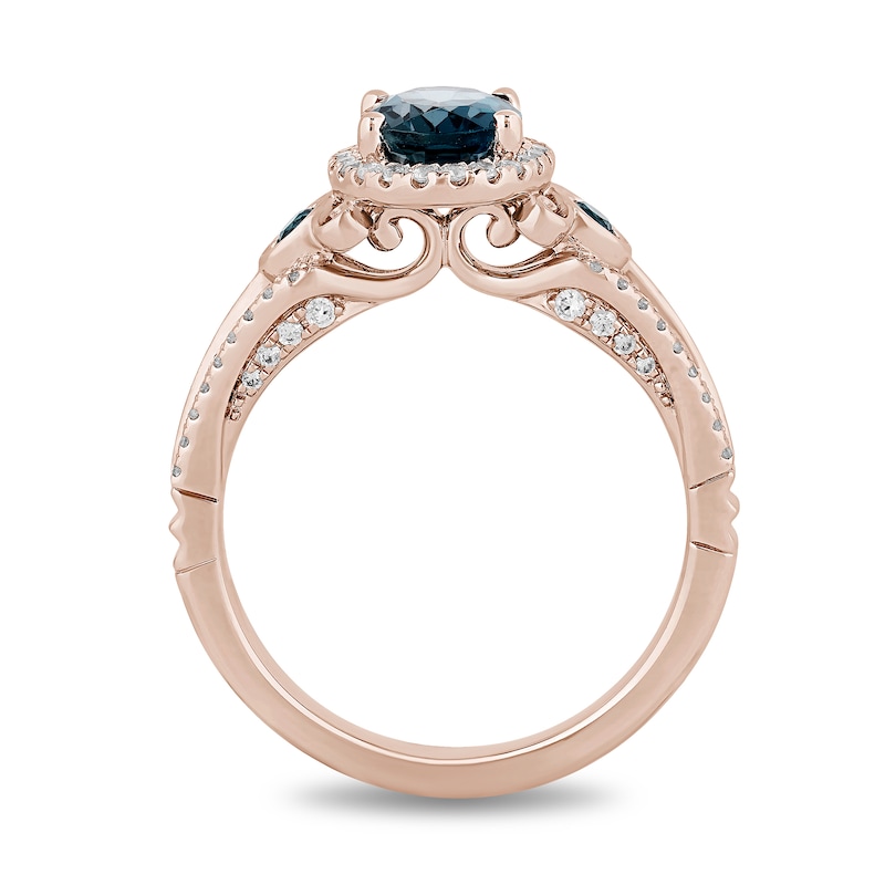 Main Image 3 of Enchanted Disney Cinderella Oval London Blue Topaz and 1/3 CT. T.W. Diamond Frame Engagement Ring in 14K Rose Gold