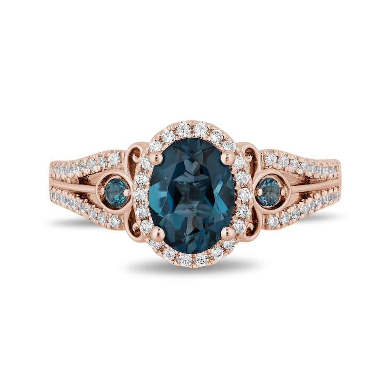 Main Image 4 of Enchanted Disney Cinderella Oval London Blue Topaz and 1/3 CT. T.W. Diamond Frame Engagement Ring in 14K Rose Gold