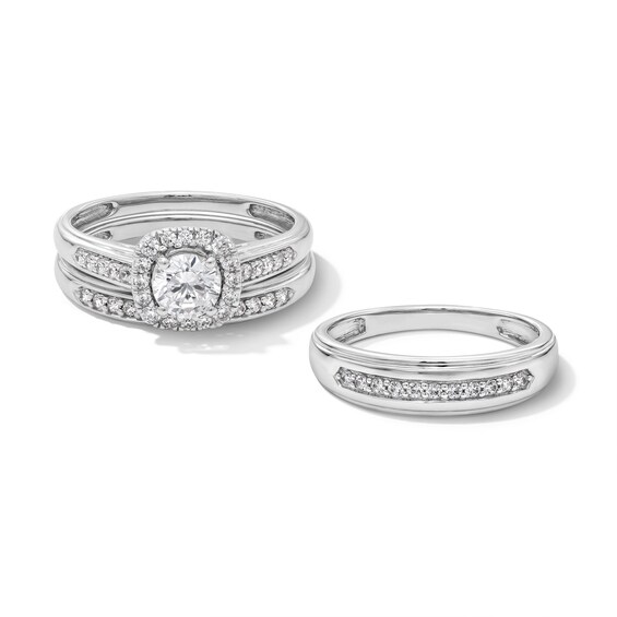 1 CT. T.w. Certified Lab-Grown Diamond Cushion Frame Wedding Ensemble in 10K White Gold (F/Si2)