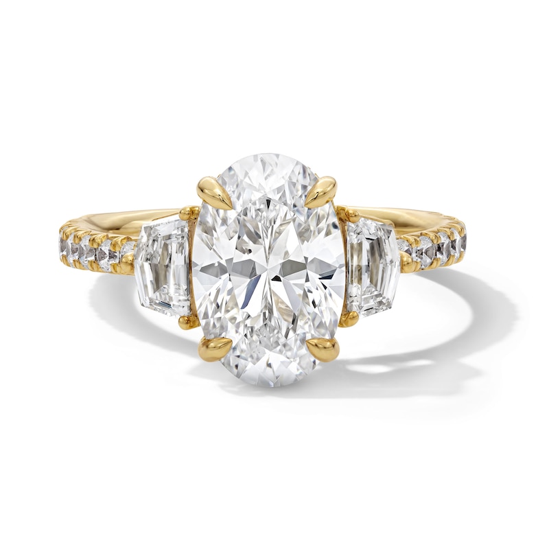 Main Image 1 of 3-7/8 CT. T.W. Oval and Shield-Shaped Certified Lab-Grown Diamond Three Stone Engagement Ring in 14K Gold (F/VS2)