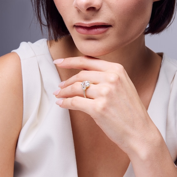 3-7/8 CT. T.w. Oval and Shield-Shaped Certified Lab-Grown Diamond Three Stone Engagement Ring in 14K Gold (F/Vs2)