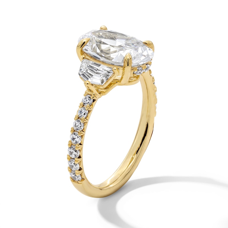 Main Image 2 of 3-7/8 CT. T.W. Oval and Shield-Shaped Certified Lab-Grown Diamond Three Stone Engagement Ring in 14K Gold (F/VS2)