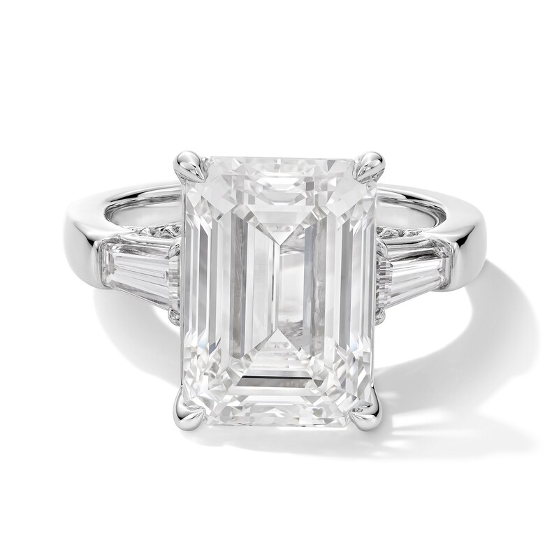 Main Image 1 of 8.69 CT. T.W. Emerald-Cut Certified Lab-Grown Diamond Three-Stone Hidden Frame Engagement Ring in 14K White Gold (F/VS2)