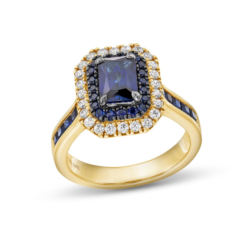 Main Image 1 of Vera Wang Love Collection Emerald-Cut Blue Sapphire and 1/2 CT. T.W. Diamond Double Frame Engagement Ring in 14K Gold