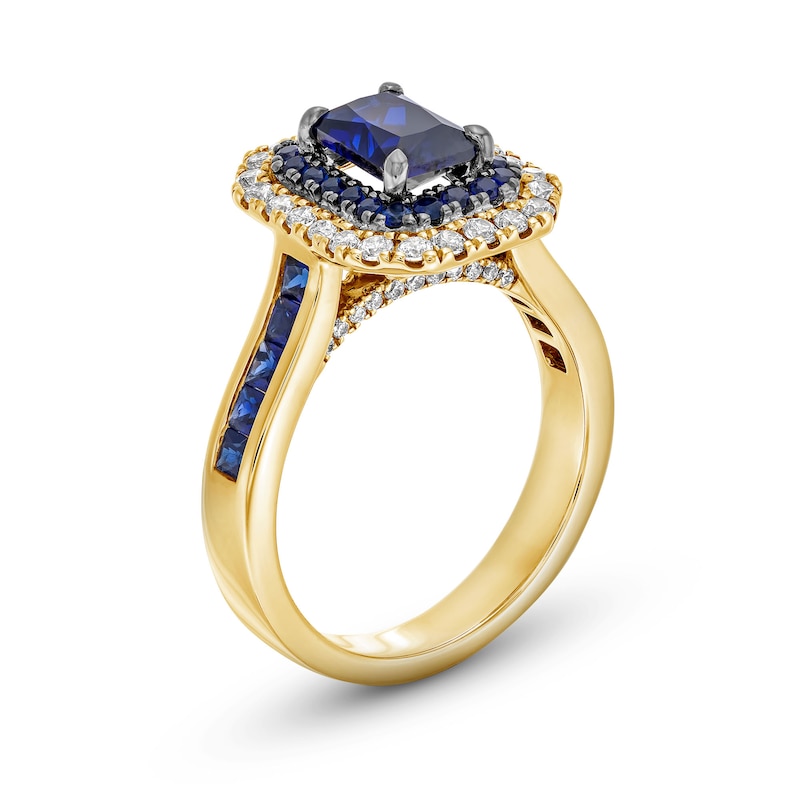 Main Image 2 of Vera Wang Love Collection Emerald-Cut Blue Sapphire and 1/2 CT. T.W. Diamond Double Frame Engagement Ring in 14K Gold