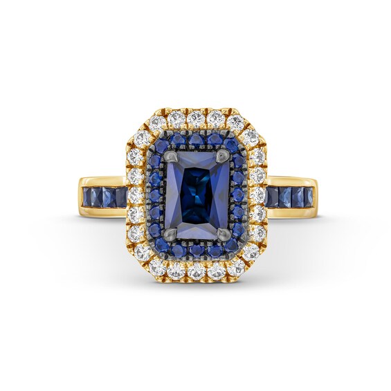 Vera Wang Love Collection Emerald-Cut Blue Sapphire and 1/2 CT. T.w. Diamond Double Frame Engagement Ring in 14K Gold