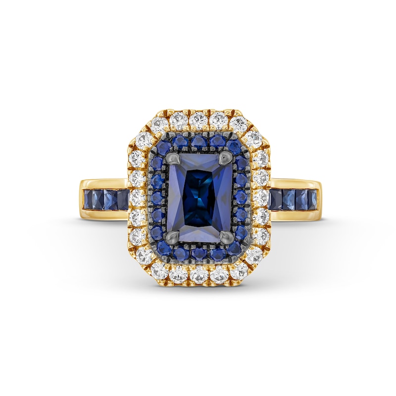 Main Image 3 of Vera Wang Love Collection Emerald-Cut Blue Sapphire and 1/2 CT. T.W. Diamond Double Frame Engagement Ring in 14K Gold