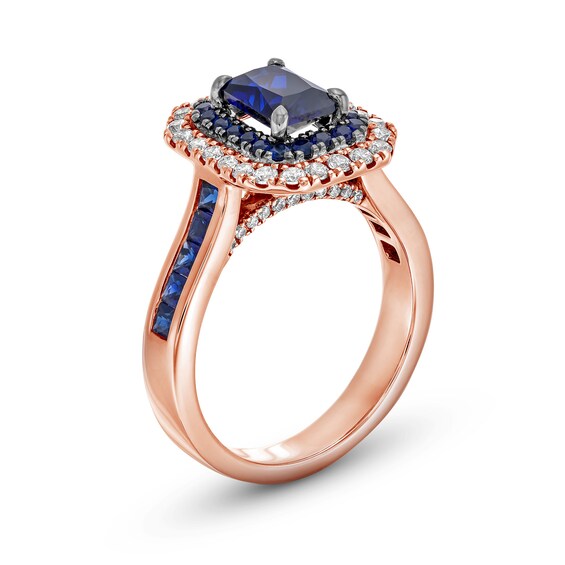 Vera Wang Love Collection Emerald-Cut Blue Sapphire and 1/2 CT. T.w. Diamond Frame Engagement Ring in 14K Rose Gold