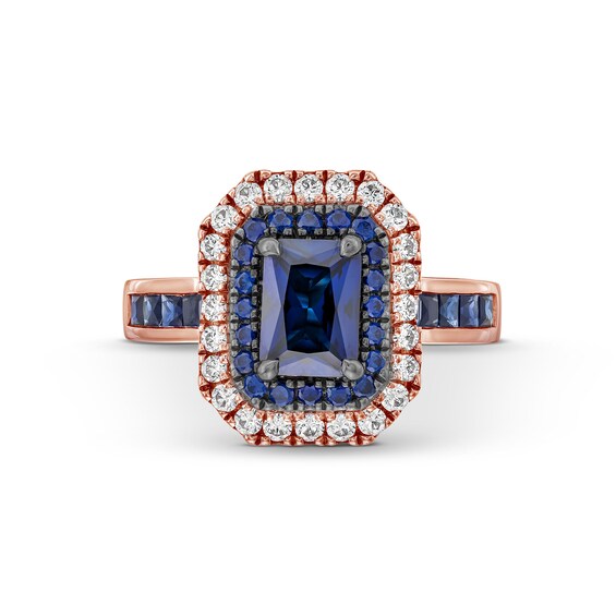 Vera Wang Love Collection Emerald-Cut Blue Sapphire and 1/2 CT. T.w. Diamond Frame Engagement Ring in 14K Rose Gold