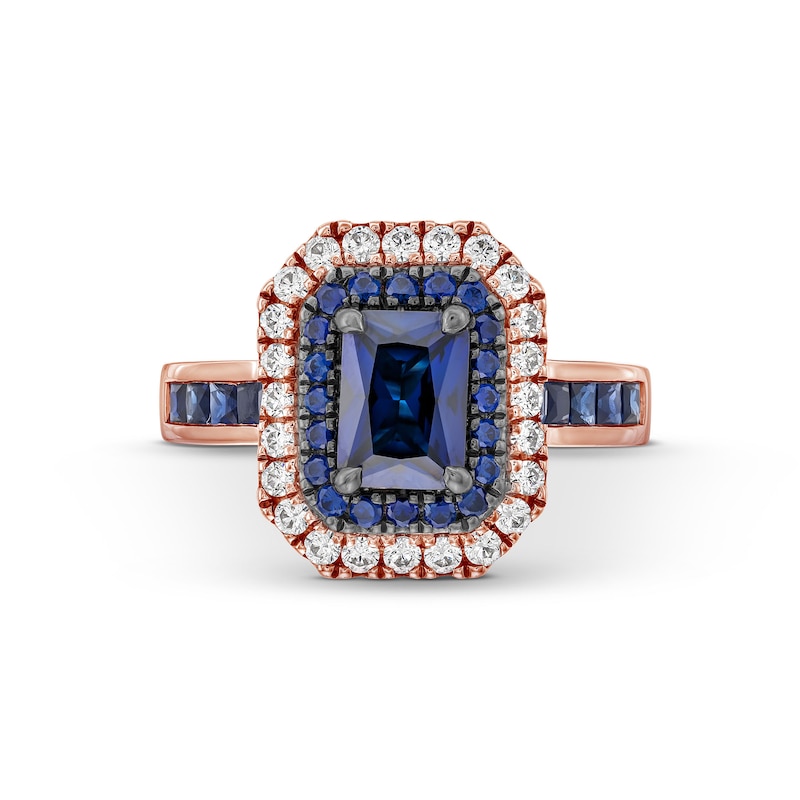 Main Image 3 of Vera Wang Love Collection Emerald-Cut Blue Sapphire and 1/2 CT. T.W. Diamond Frame Engagement Ring in 14K Rose Gold