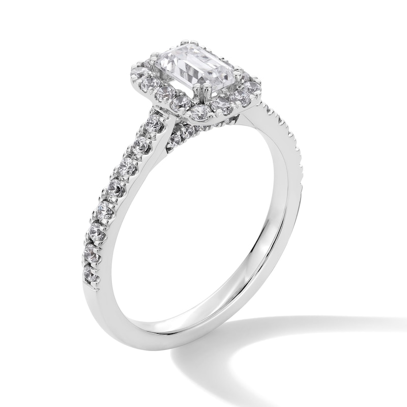 Main Image 3 of 1 CT. T.W. Emerald-Cut Certified Lab-Grown Diamond Frame Engagement Ring in Platinum (F/SI2)
