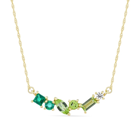 Mixed-Shape Peridot, Lab-Created Emerald and White Lab-Created Sapphire Scatter Bar Necklace in 10K Gold