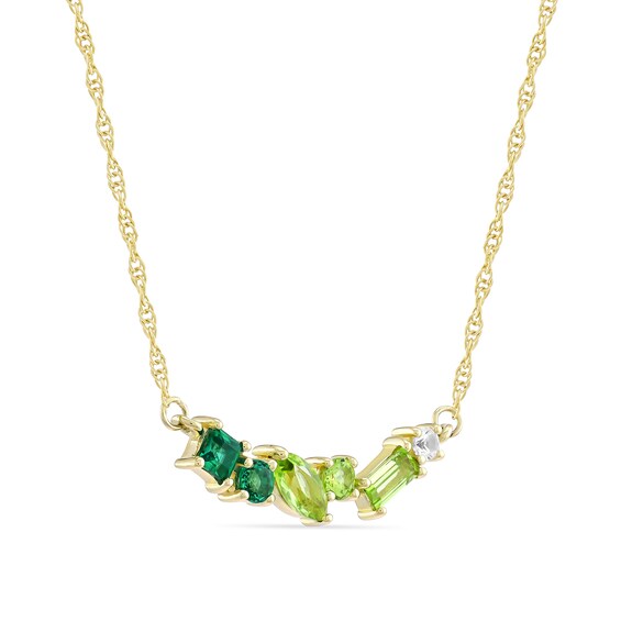 Mixed-Shape Peridot, Lab-Created Emerald and White Lab-Created Sapphire Scatter Bar Necklace in 10K Gold