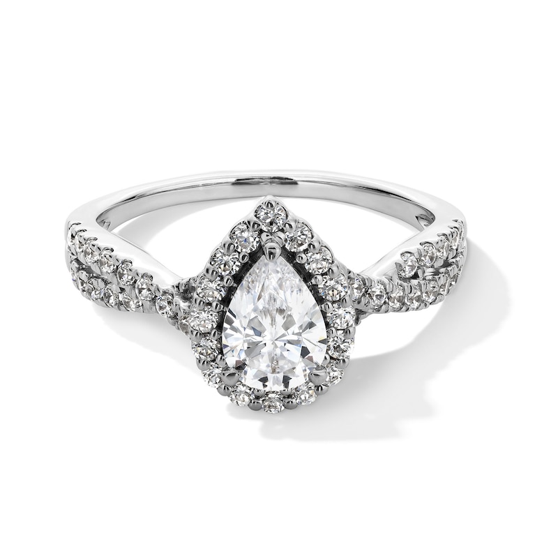 Main Image 1 of 1 CT. T.W. Pear-Shaped Certified Lab-Grown Diamond Frame Crossover Shank Engagement Ring in Platinum (F/SI2)