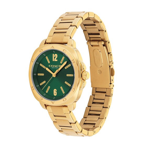 Ladiesâ Coach Kitt Gold-Tone IP Stainless Steel Analog Watch with Green Dial (Model: 14504535)