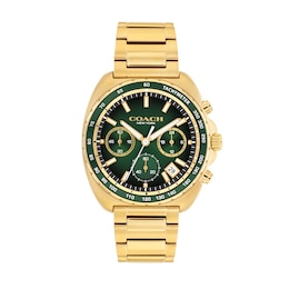Men's Coach Charter Chronograph Gold-Tone IP Stainless Steel Watch with Green Tonneau Dial (Model: 14602738)
