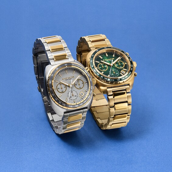Men's Coach Charter Chronograph Gold-Tone IP Stainless Steel Watch with Green Tonneau Dial (Model: 14602738)