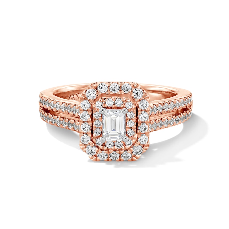 Main Image 1 of Vera Wang Love Collection 1 CT. T.W. Emerald-Cut Diamond Double Frame Engagement Ring in 14K Rose Gold