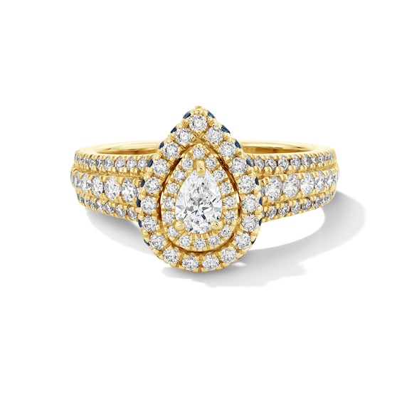 Vera Wang Love Collection 1 CT. T.w. Pear-Shaped Diamond and Blue Sapphire Frame Engagement Ring in 14K Gold