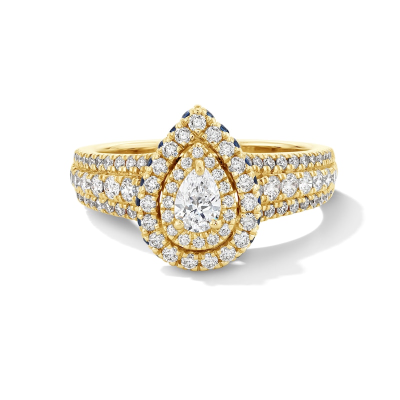 Main Image 1 of Vera Wang Love Collection 1 CT. T.W. Pear-Shaped Diamond and Blue Sapphire Frame Engagement Ring in 14K Gold