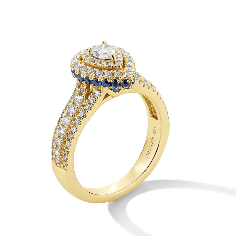 Main Image 2 of Vera Wang Love Collection 1 CT. T.W. Pear-Shaped Diamond and Blue Sapphire Frame Engagement Ring in 14K Gold