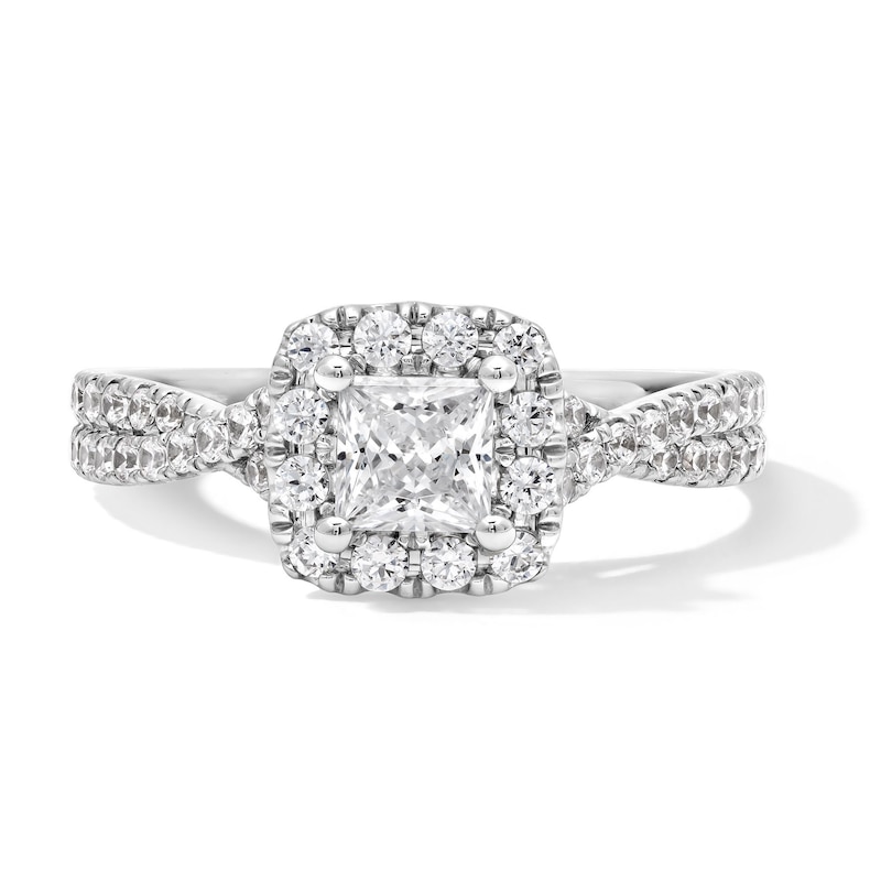 Main Image 1 of 1 CT. T.W. Princess-Cut Certified Lab-Grown Diamond Frame Engagement Ring with Crossover Shank in Platinum (F/SI2)