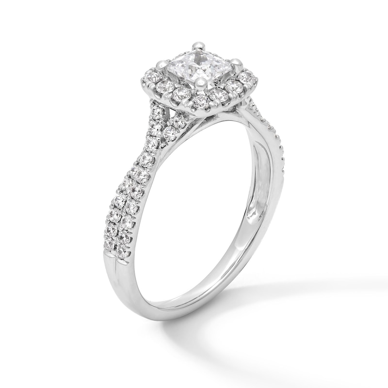 Main Image 2 of 1 CT. T.W. Princess-Cut Certified Lab-Grown Diamond Frame Engagement Ring with Crossover Shank in Platinum (F/SI2)