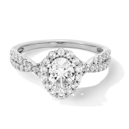 1 CT. T.W. Oval Certified Lab-Grown Diamond Frame Engagement Ring with Crossover Shank in Platinum (F/SI2)
